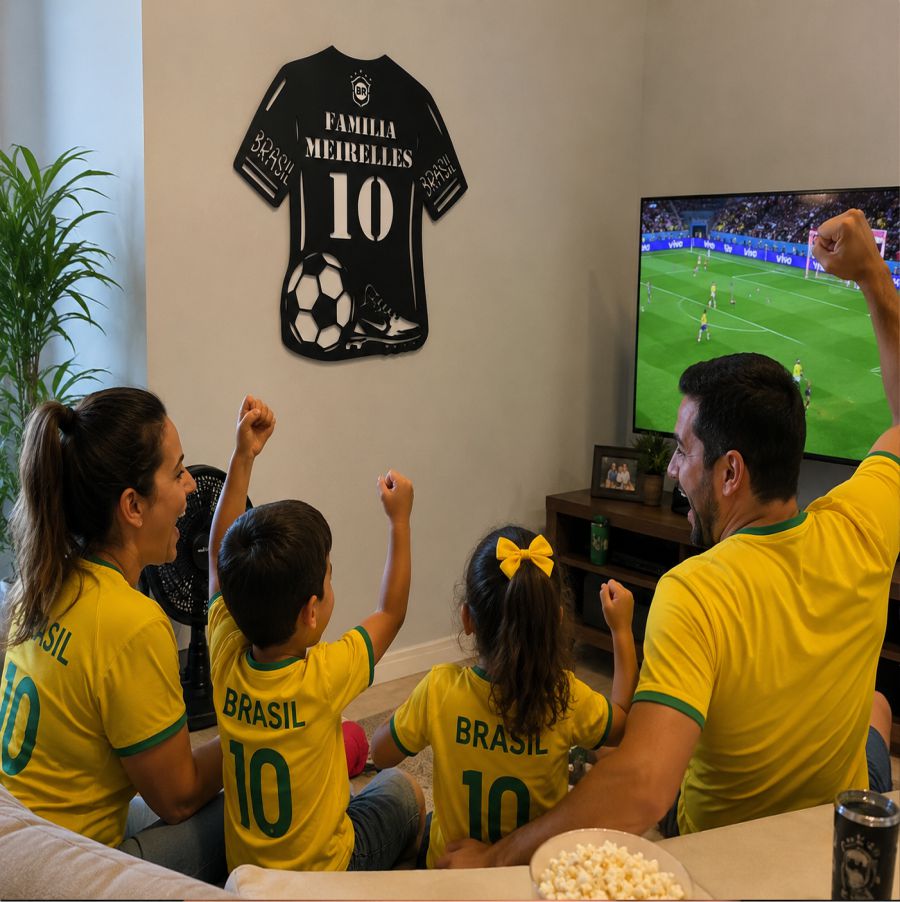 Família reunida em clima de futebol com camiseta MDF personalizada